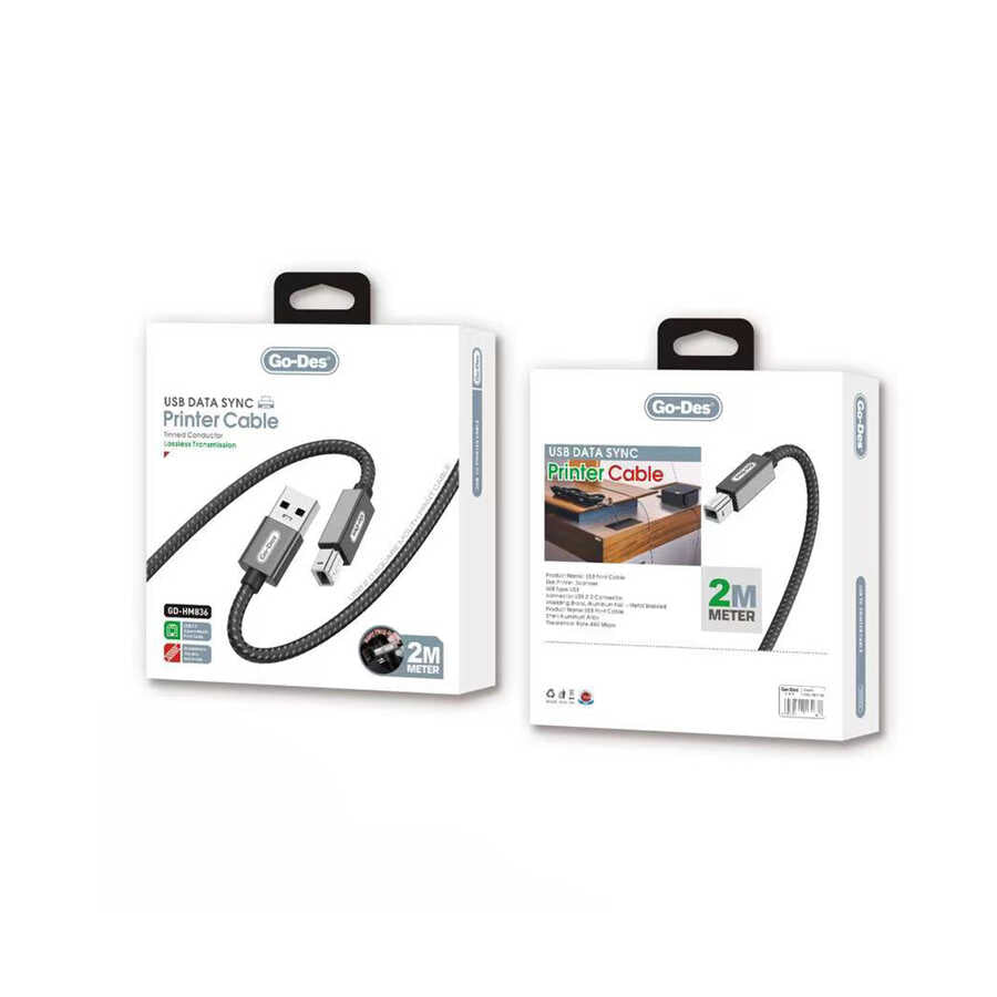 Go Des GD-HM836 USB-A to USB-B 2.0 Örgülü 2 Metre Yazıcı Kablosu - 2 Go Des GD-HM836 USB-A to USB-B 2.0 Örgülü 2 Metre Yazıcı Kablosu - 2